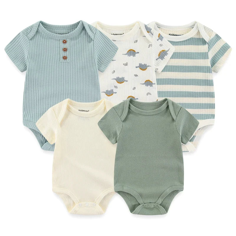 5PCS Newborn Baby Bodysuit Set - Soft Cotton Unisex Baby Clothes with Cartoon Print for Boys & Girls