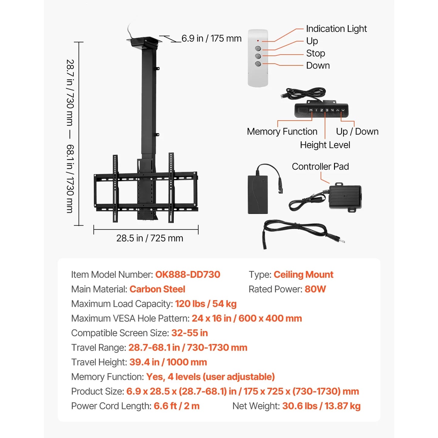 SucceBuy Motorized TV Wall Mount Bracket for 32–70 Inch TVs – Adjustable Electric Lift, Heavy Duty, Max VESA 24x16/24, 88–132 lbs Capacity