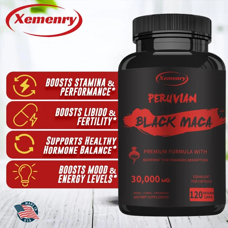 Maximum Strength Black Maca Root 30,000mg Capsules – Peruvian Maca Extract Supplement for Energy, Vitality & Wellness Support