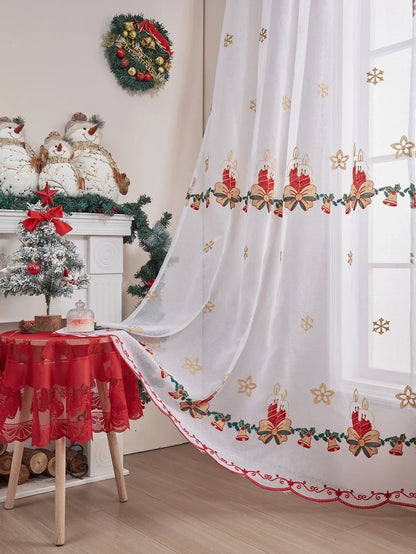 Snowflake Embroidered Tulle Curtain - Christmas Window Screen Sheer Decor for Living Room Bedroom