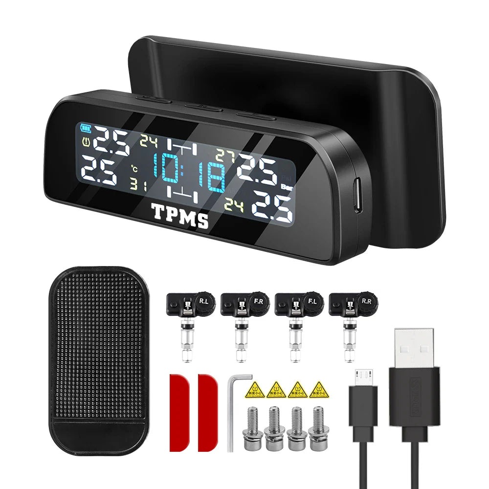 Solar Car TPMS Tire Pressure Monitoring System – 4 External Sensors with Temperature Alarm for Tyre Safety
