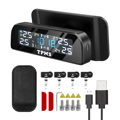 Solar Car TPMS Tire Pressure Monitoring System – 4 External Sensors with Temperature Alarm for Tyre Safety