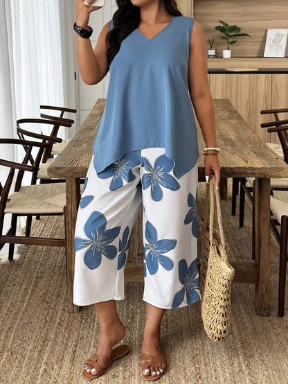 Women's Floral Print Sleeveless Summer Set - Elegant Casual 7/8 Length Fashion Outfit