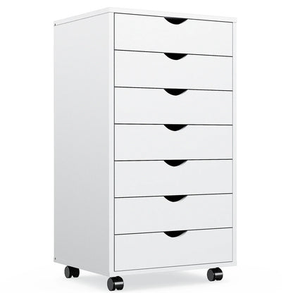 7-Drawer Wooden Chest Dresser – Mobile Nightstand Storage Cabinet with Wheels for Office & Living Room Organizer