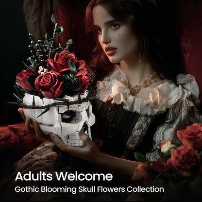 Skull Roses Bouquet Building Set – Gothic Skeleton Flower Pot Blocks for Horror Home Decor & Adult Christmas Gift
