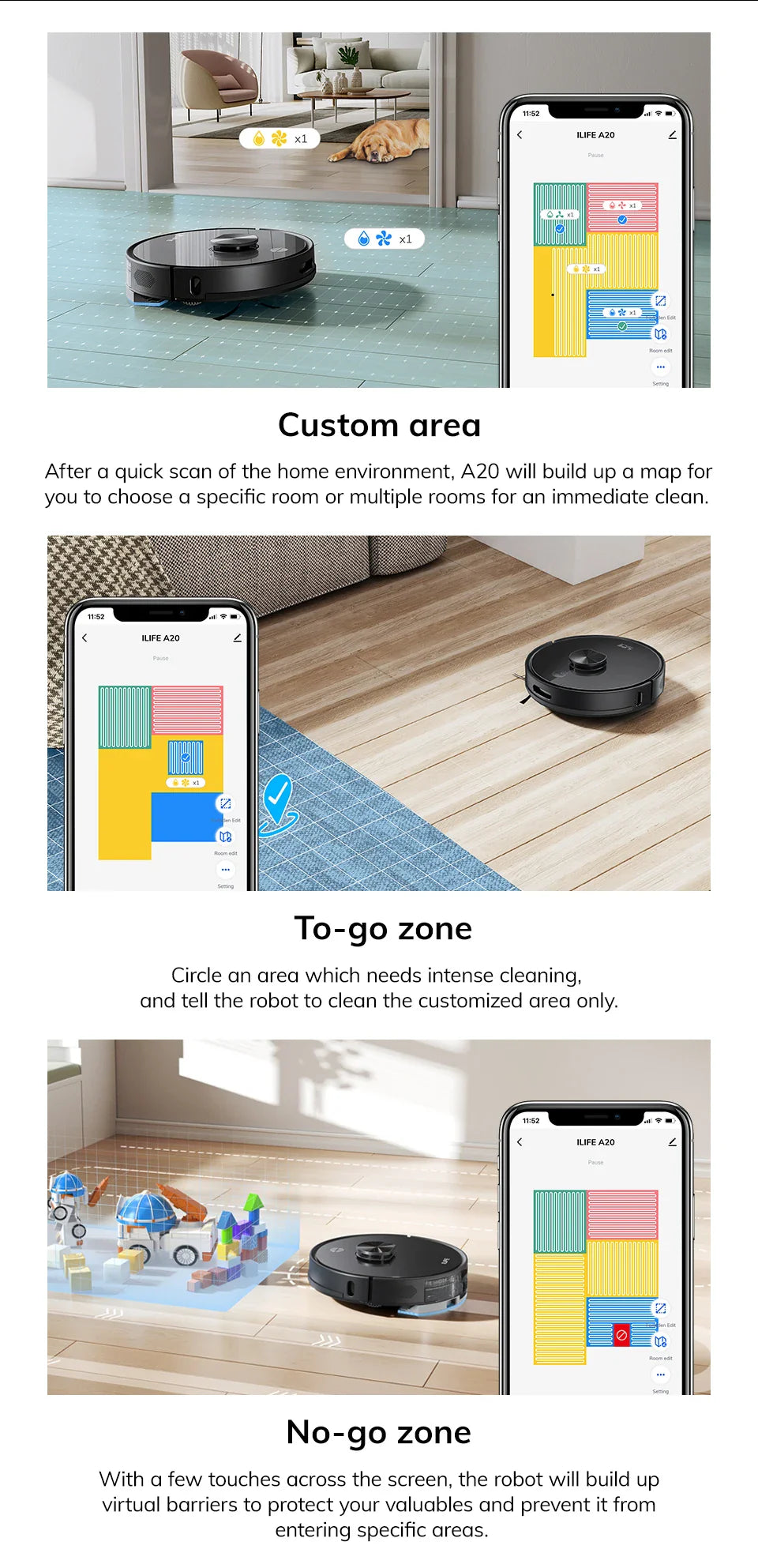 ILIFE A20 Robot Vacuum and Mop Combo – LiDAR Navigation, 3000Pa Suction, Smart Mapping, App/Alexa Control, Ideal for Pet Hair