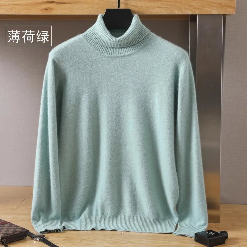 Men's Pure Mink Velvet Cashmere Sweater - High Lapel Long Sleeve Knitted Winter Luxury Pullover Top
