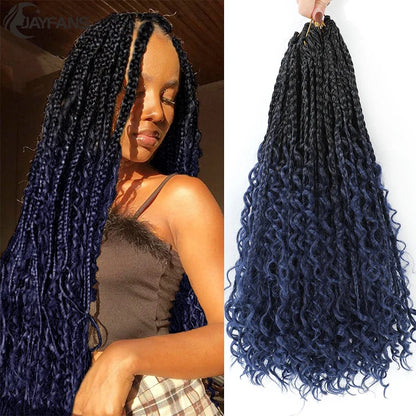Jayfans Crochet Goddess Box Braids With Curly Ends - Bohemian Bob Style Synthetic Braiding Hair 1B 30 Blue Ombre Extensions