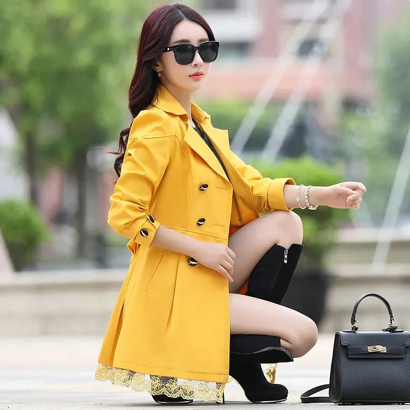 2025 Spring Autumn Women’s Slim Lace Trench Coat – Fashion Mid-Length Double-Breasted Windbreaker Outerwear