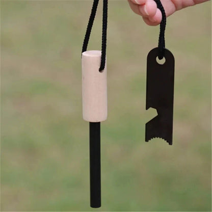Wilderness Survival Flint Kit - Magnesium Fire Starter Stick with Wooden Handle for Camping Outdoor Emergency Gear