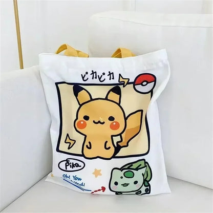 Pokemon Canvas Shoulder Bag - Pikachu Psyduck Squirtle Large Capacity Reusable Casual Handbag for Women Shopping