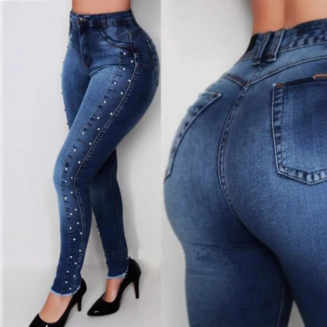 Women’s High Waist Slimming Jeans - Hip Lifting Stretch Pencil Denim Pants with Diamond Bead Fashion Detail