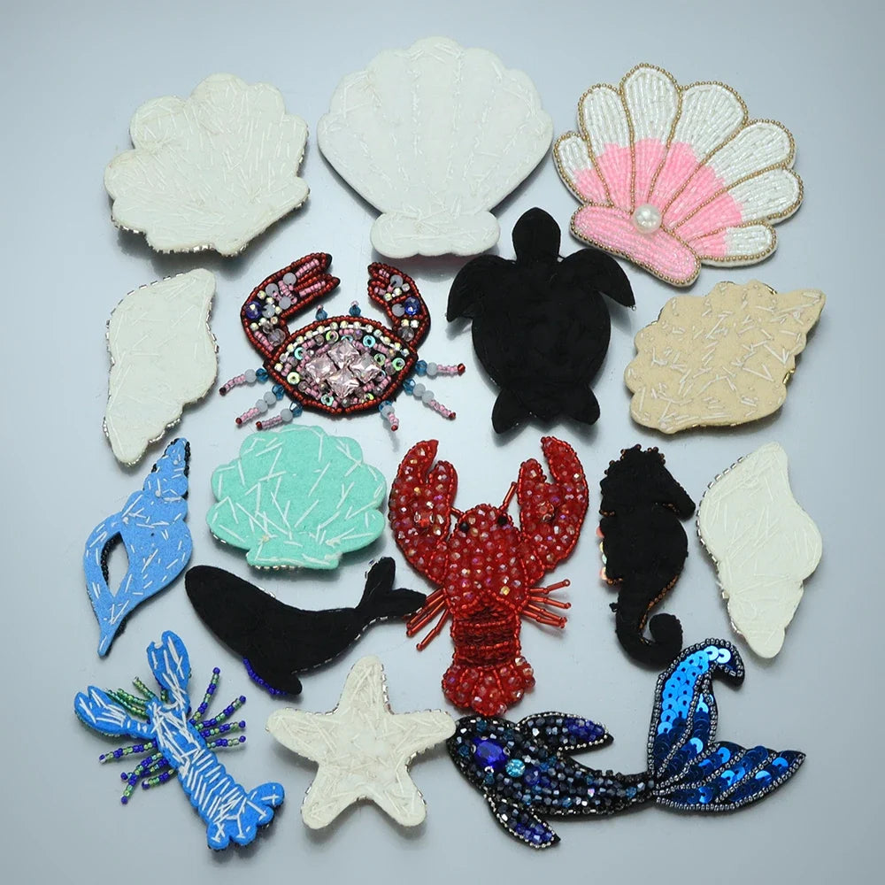 3D Handmade Ocean Animal Patches - Beaded Seahorse Crab Starfish DIY Sewing Accessories & Craft Ornaments