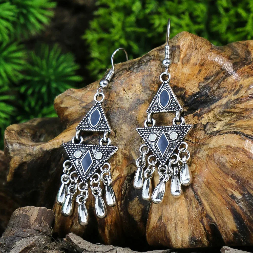 Blue Alloy Turquoise Bohemian Earrings - Retro Geometric Multi-Layer Statement Jewelry