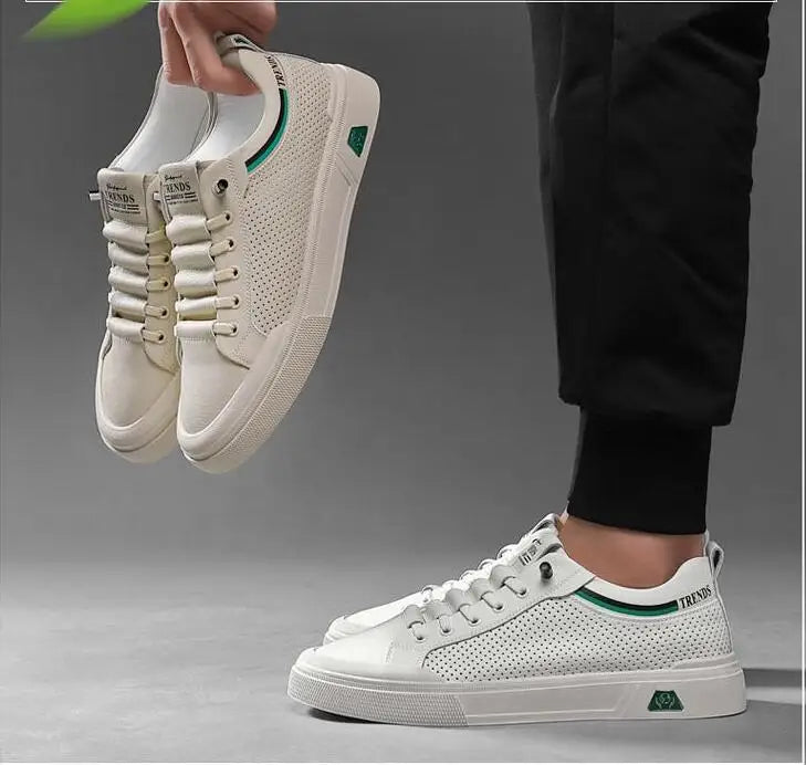Men’s Genuine Leather Casual Sneakers – Breathable Cow Leather Skateboard Shoes, Street Trend Flat Summer Footwear