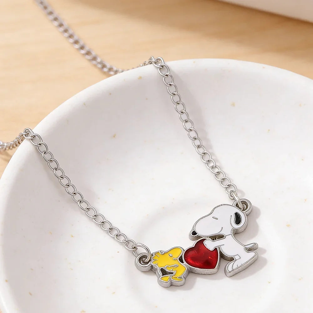Snoopy Woodstock Friendship Necklace - Silver-Tone Moon & Heart Pendant with Cute Enamel & Rhinestone Details