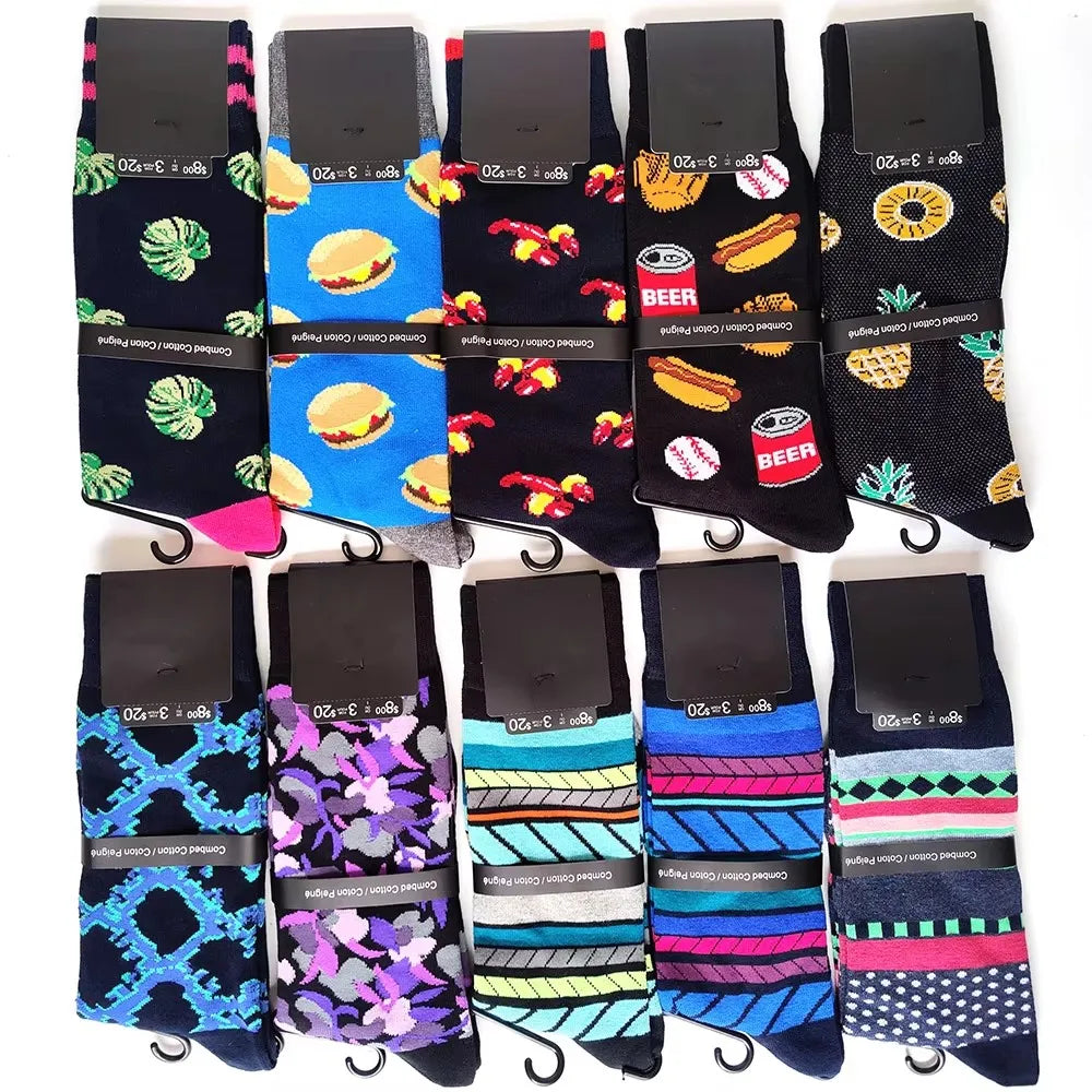 10-Pair Big Size Crew Socks Pack - 38 Style Funny Rhombus Casual Fashion Socks for Men