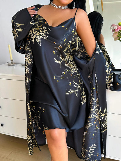 Plus Size Cherry Floral Pajama Set - Sexy Slip Nightgown with Robe Two Piece Women’s Loungewear Sleepwear