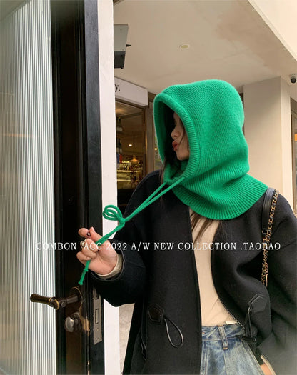 Winter Knitted Hooded Balaclava Hats for Women – Korean Style Outdoor Warmer Beanie with Drawstring Neck Collar