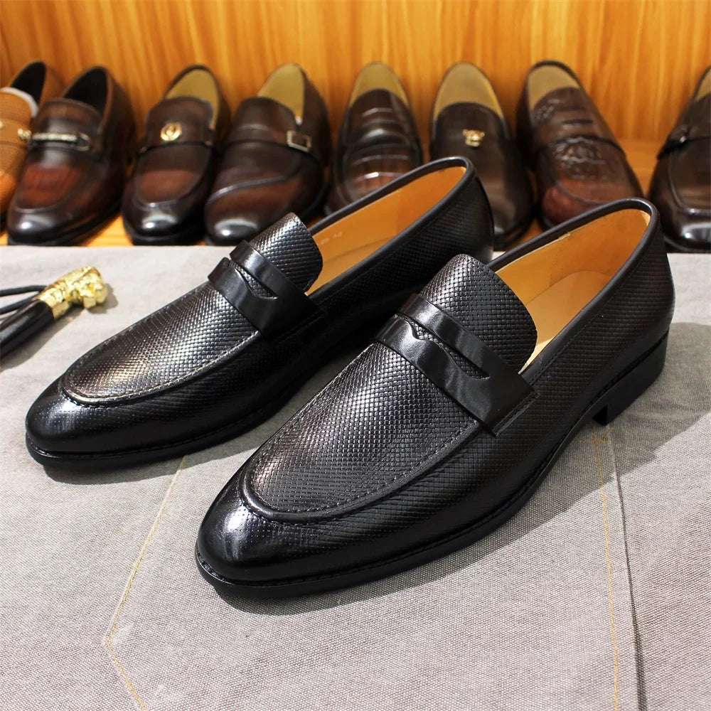 Men’s Genuine Leather Loafers - Comfortable Casual Shoes with Rubber Sole and Braided Pattern Size 39-46