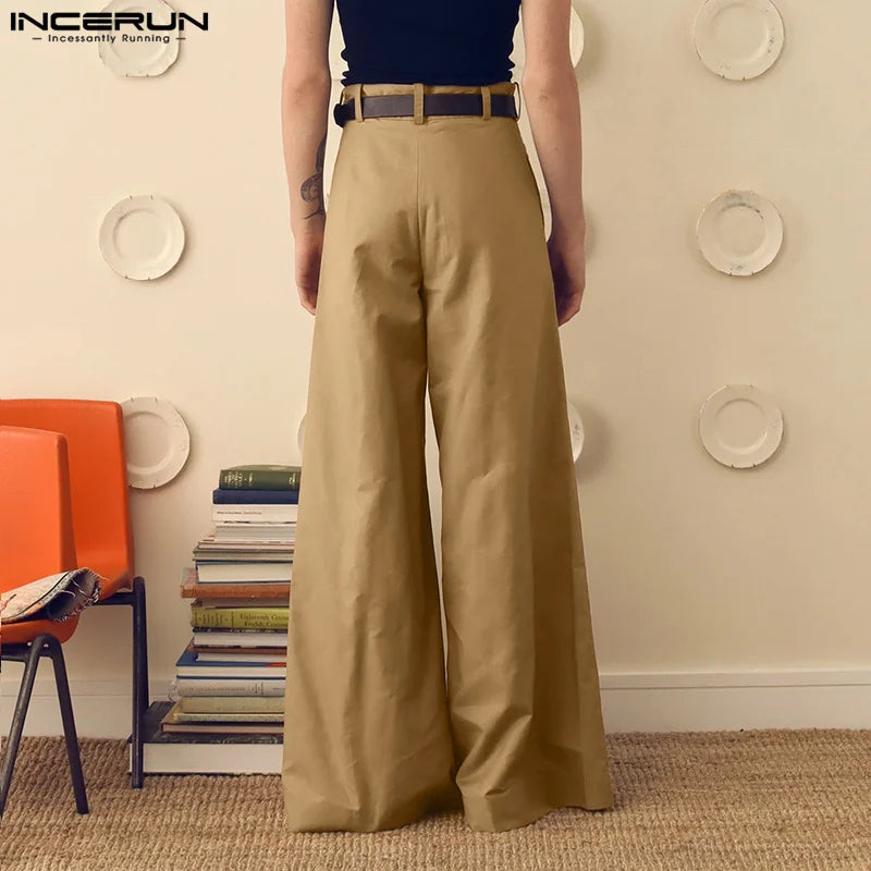 INCERUN Men Wide Leg Pants - Loose Pleated Casual Streetwear Button Trousers S-5XL