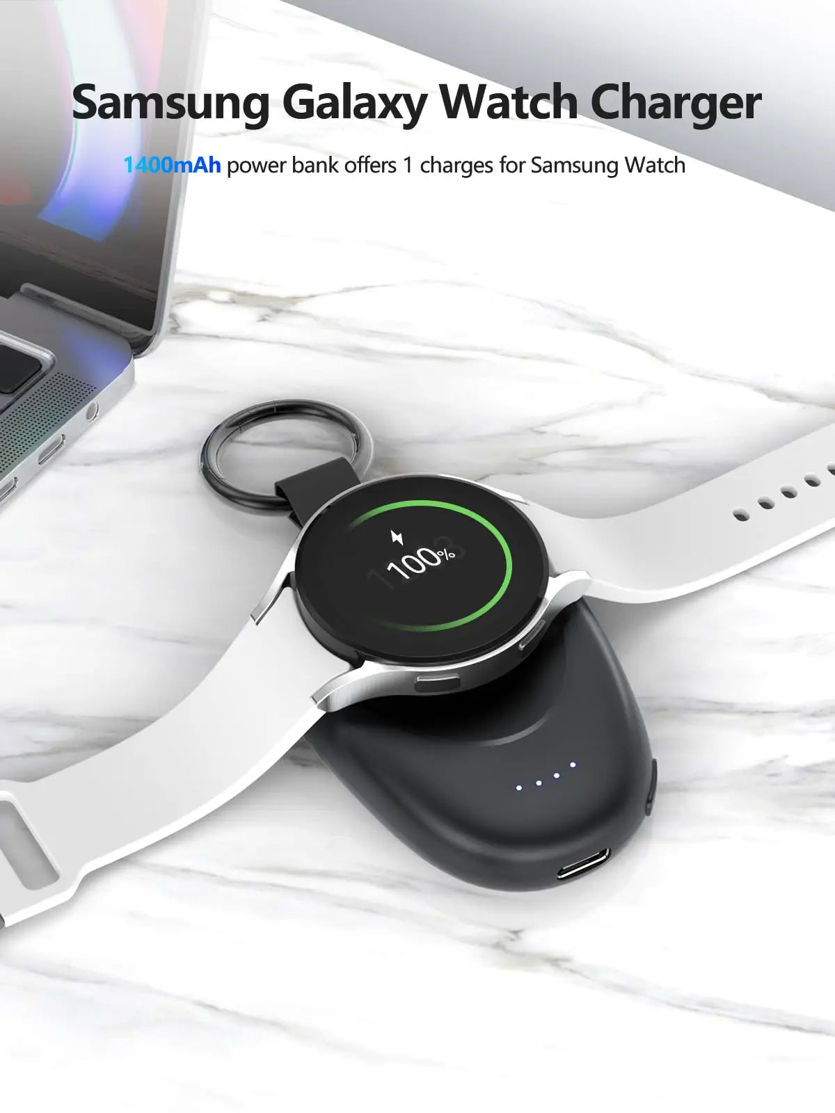 1400mAh Portable Wireless Power Bank — Magnetic Keychain Charger for Samsung Galaxy Watch 7/Ultra/6/6 Classic/5 Pro/4/3 & Active 2/1