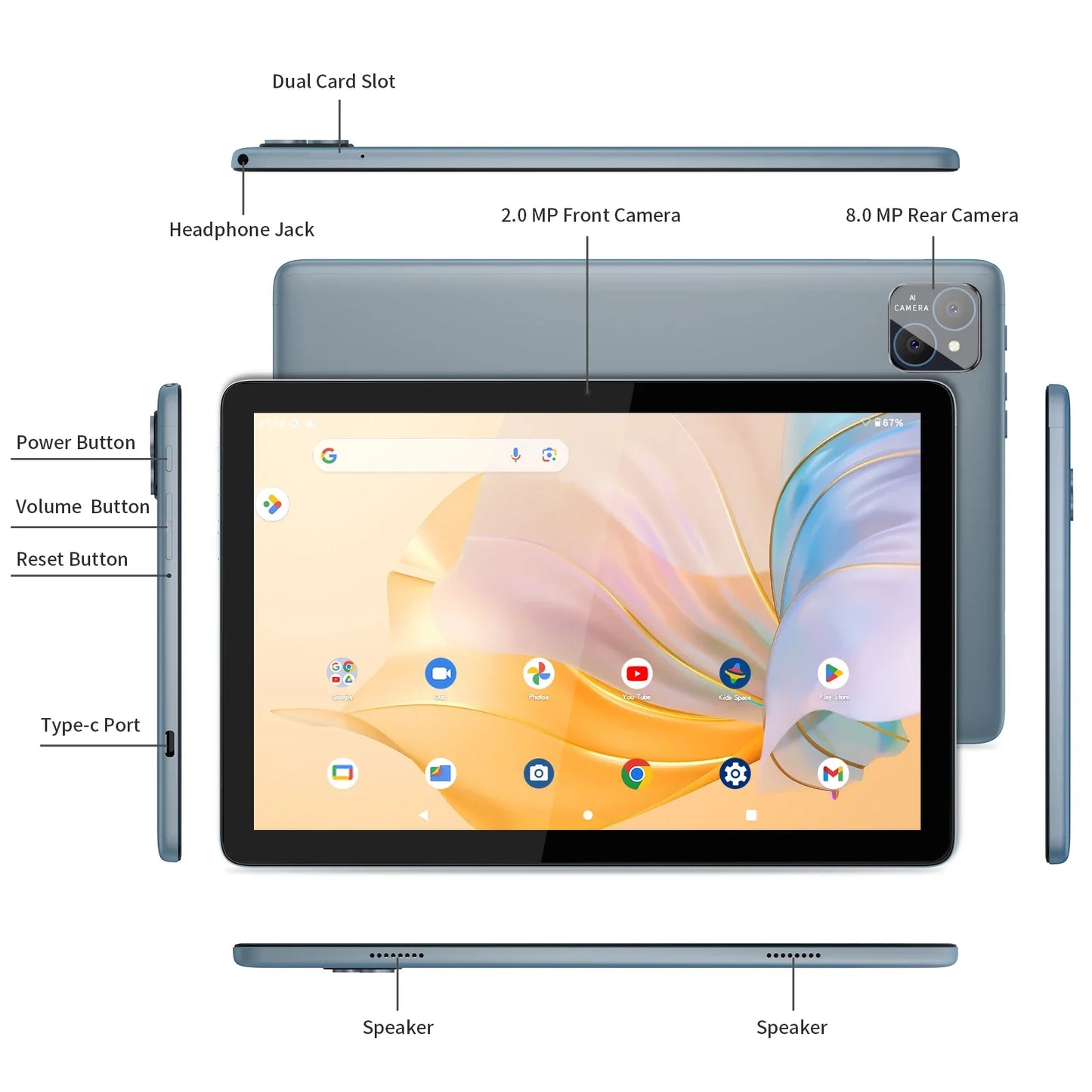 PRITOM TAB11 Android 14 Tablet – 10 Inch, 8GB RAM, 128GB ROM, Octa-Core, 5G WiFi, Keyboard & Case