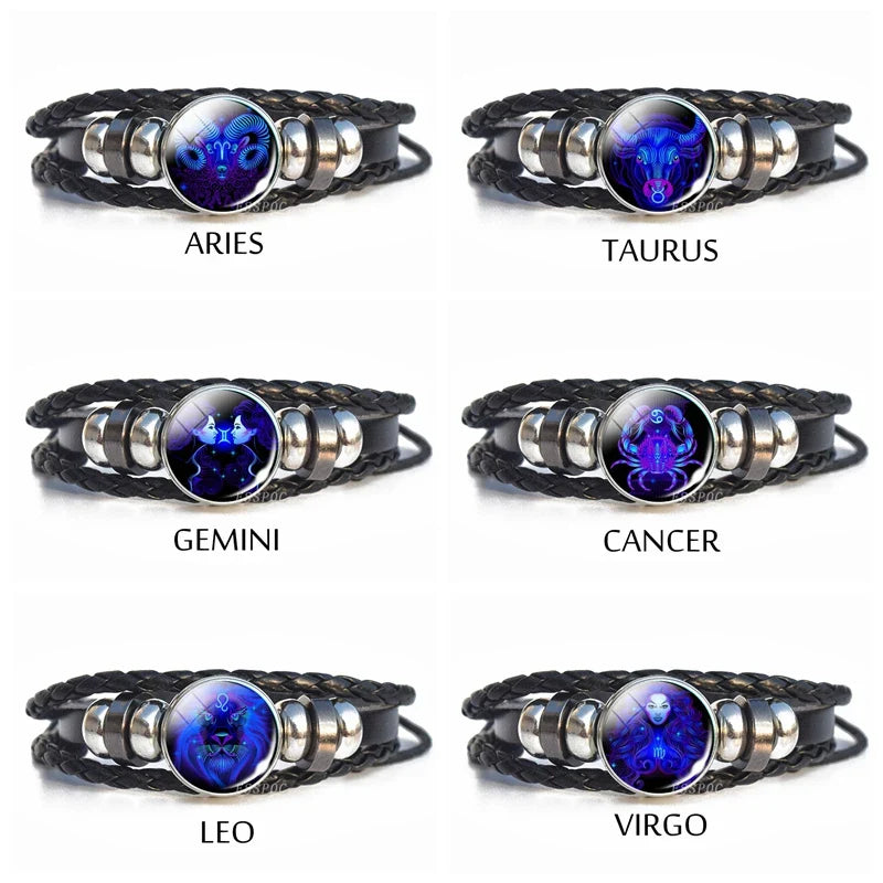 Men’s Zodiac Sign Leather Bracelet | 12 Constellation Black Braided Wrap | Punk Style Multilayer Bracelet for Birthday Gifts