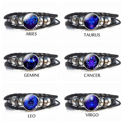 New Men's 12 Constellation Black Braided Leather Bracelet – Punk Style Zodiac Sign Multilayer Wrap Bracelet for Birthday Gifts