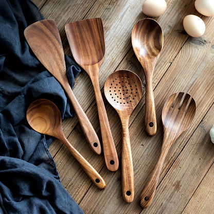 Wood Kitchenware Cooking Set – Household Spatula, Spoon, Fork & Salad Utensils with Storage Bucket