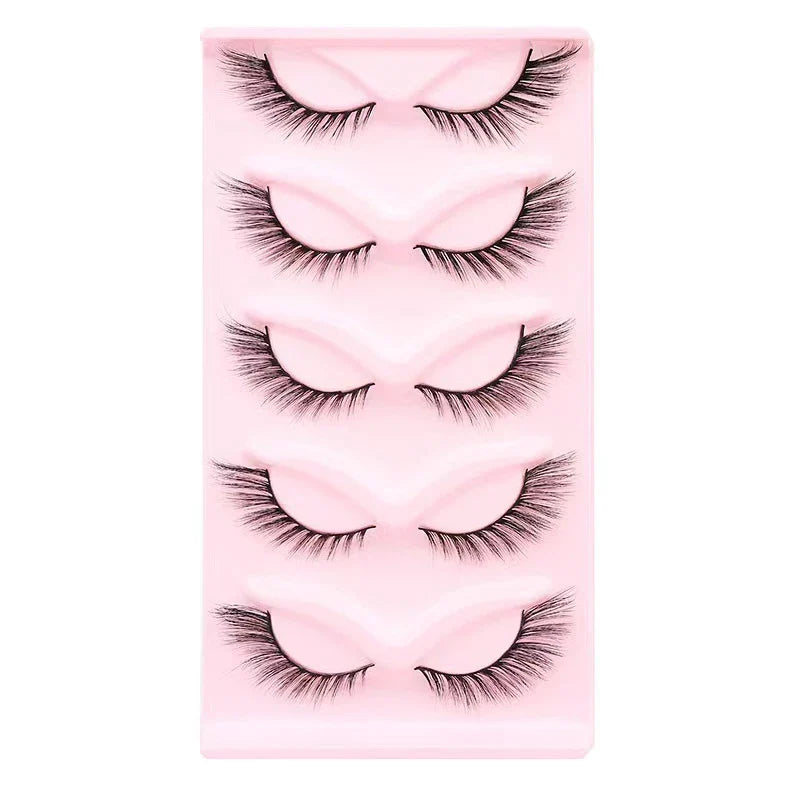 Manga Lashes 5 Pairs – Anime Cosplay Faux Mink Short Full Strip Lashes, Korean Natural Look, Clear Band Soft Eyelash Extensions