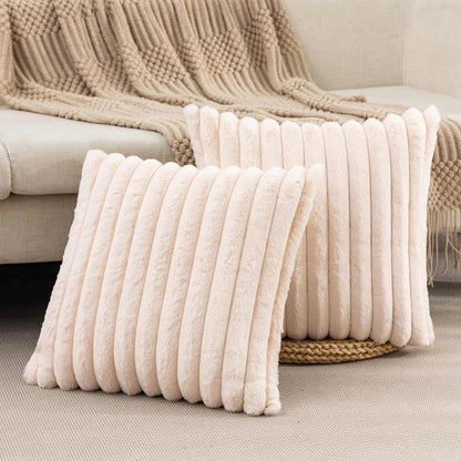 Faux Rabbit Fur Square Cushion Cover – Thick Striped Super Soft Solid Color Pillow, 45x45cm Sofa Decor