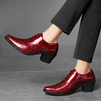 Luxury Red High Heel Men’s Dress Shoes - Pointed Toe Leather Moccasin Wedding Oxford Shoes