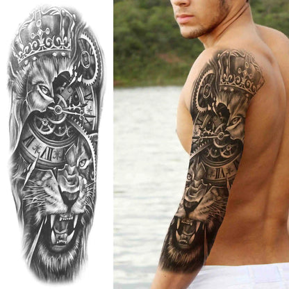 Full Arm Temporary Tattoo Sleeve - Realistic Warrior Lion Tiger Flower & Maori Design Fake Tattoos