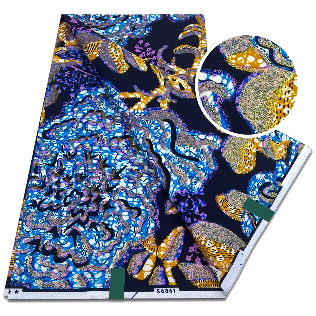 African Golden Glitter Wax Fabric - Soft Ankara Pagne Batik Gold Print Material for Women
