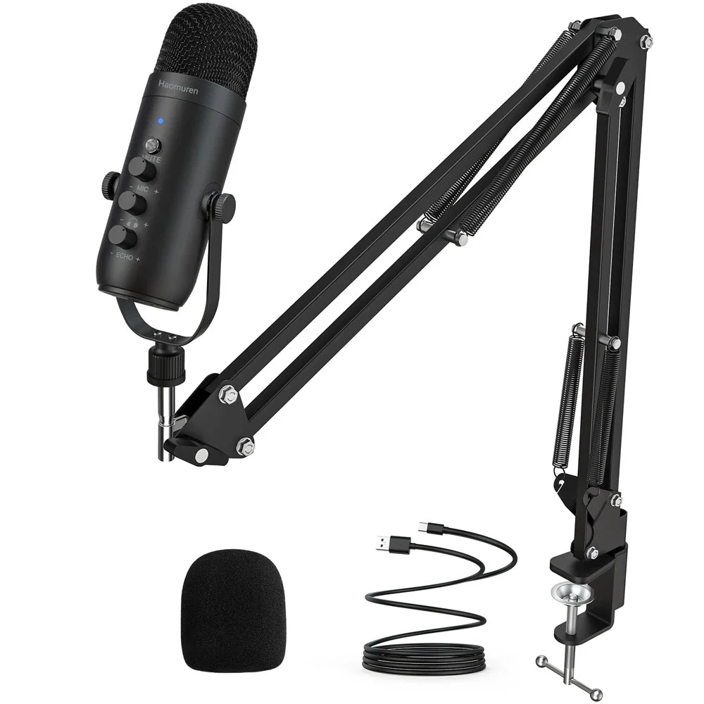 Haomuren USB Podcast Microphone Kit - Cardioid Condenser Mic with Boom Arm for PC Recording, YouTube & Streaming