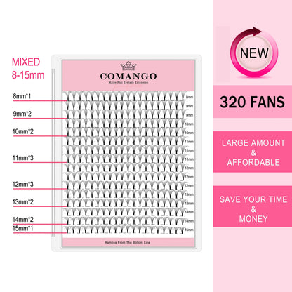 CoMango Wispy Premade Volume Lash Fans – 3-10D Individual Short Stem Faux Mink Russian Eyelash Extensions, 320 Fans