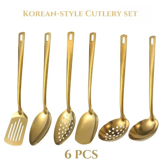 6PCS Hot Pot Cutlery Set – Stainless Steel Golden Spoons & Strainer Kitchenware