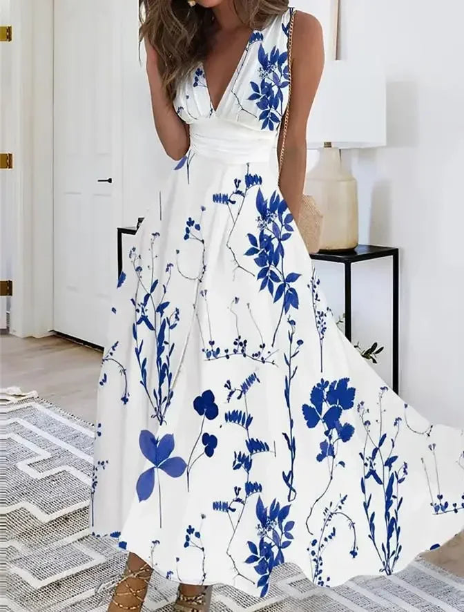 Women's Summer V Neck Maxi Dress - Sleeveless High Waist Elegant Print Dress for Office & Holiday Wear