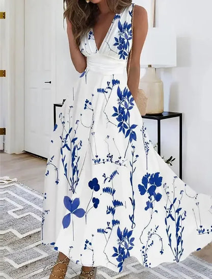 Women's Summer V Neck Maxi Dress - Sleeveless High Waist Elegant Print Dress for Office & Holiday Wear