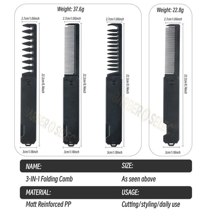 Newest 1/2/3-in-1 Portable Folding Comb – Wide Tooth Barber Clipper, Mini Beard & Hair Combing Styling Tool