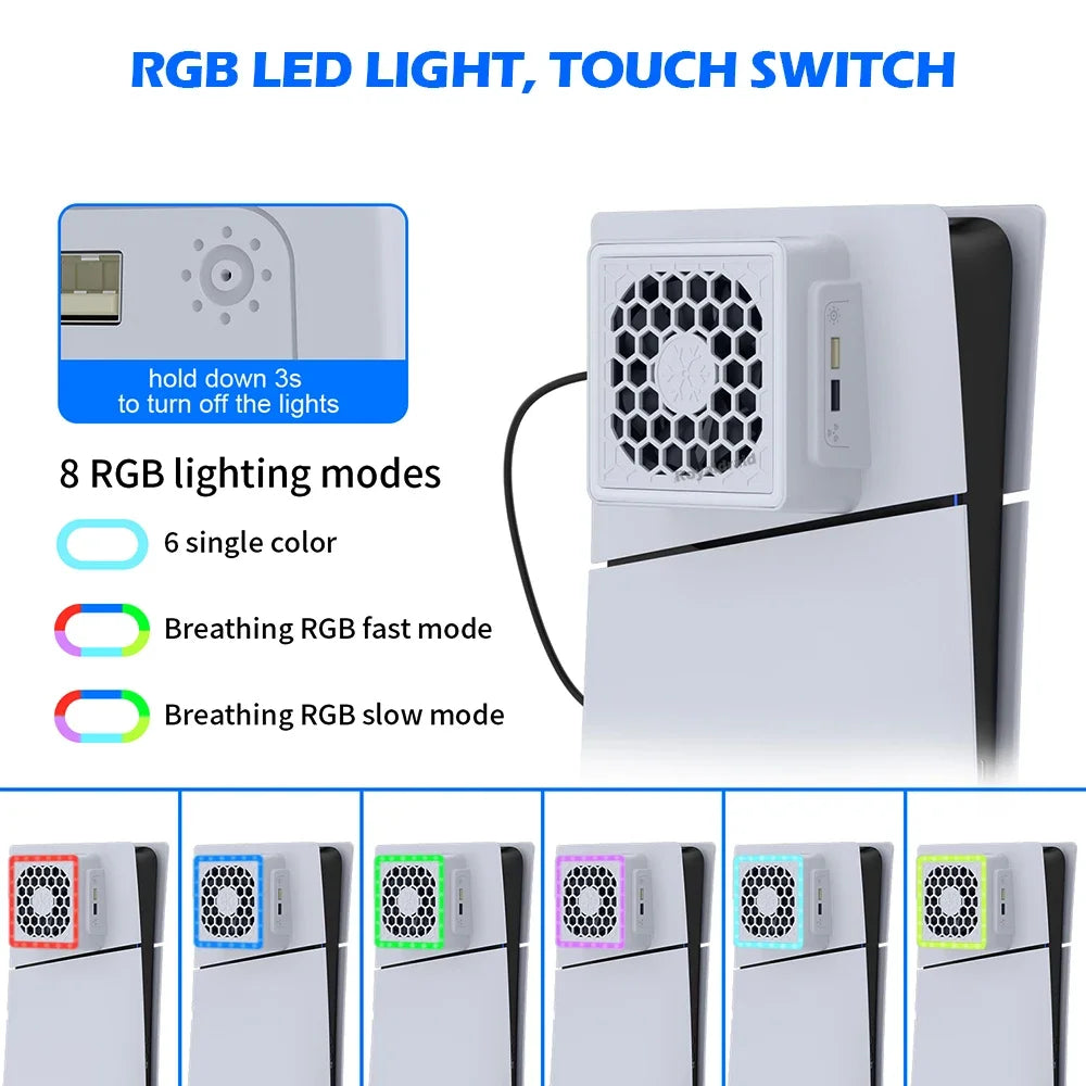 NEW Side-Mounted Cooling Fan for PS5 Slim – LED Light & 2 USB Ports Game Console Cooler Accessory