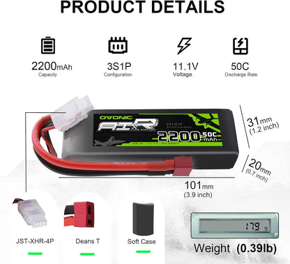 OVONIC 3S 2200mAh 11.1V LiPo Battery — 50C RC Battery with Dean Connector for Airplane, Quadcopter, Helicopter, and FPV Drone