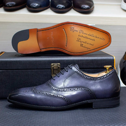 Men's Handmade Wingtip Oxford Shoes - Genuine Calfskin Leather Brogue Dress Shoes
