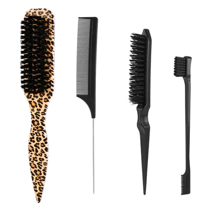 4Pc Boar Bristle Hair Brush Set - Slick Back Styling Tools for Ponytails, Buns, Baby Hair and Flyaway Control
