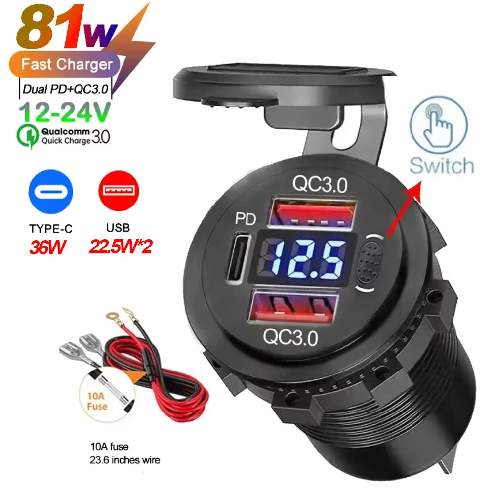 117W Dual USB Car Charger - PD & QC3.0 Fast Charging Adapter with Voltmeter Waterproof Socket for 12V/24V Vehicles