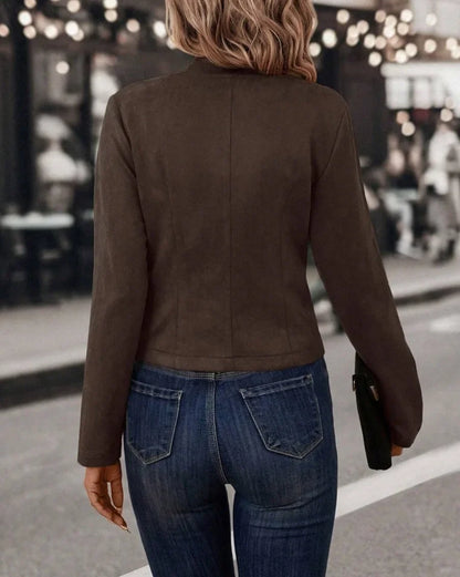 Women's Double-Breasted Blazer Coat – Stand Collar, Slim Fit, Long Sleeves Retro Jacket for Spring & Autumn