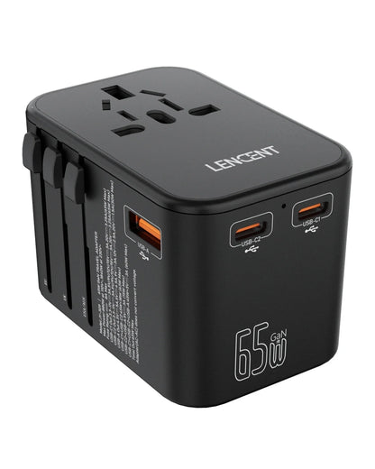 LENCENT 65W/100W GaN Fast Charging International Travel Adapter - 2 USB and 3 Type-C Ports, Includes EU, AU, US, UK Plugs