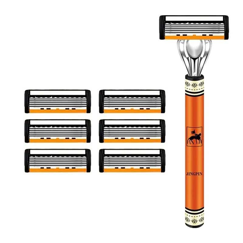 6-Layer Men's Razor Blade - Stainless Steel Classic Wet Shaving Razor for Smooth Clean Shaves
