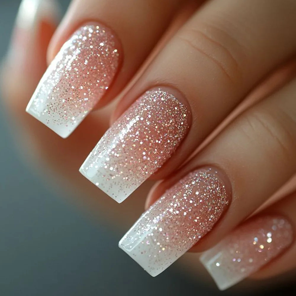 24PCS Short Press On Nails - Shimmer Ballet French Full Cover Artificial Nail Tips for Daily Manicure Style